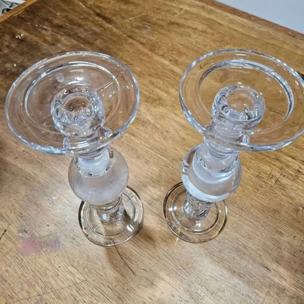 Pair tall clear glass decorative candle holders